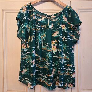 Lauren Conrad Green Print Tie Neck Top XXL